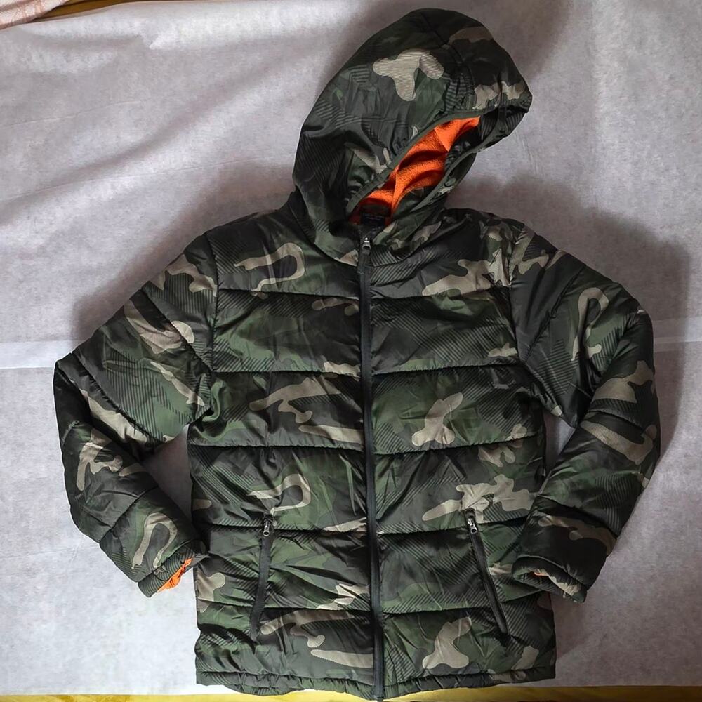 Faded Glory Puffer Jacket Boys XL Camo Green Orange Lined Hooded Outdoor Camping